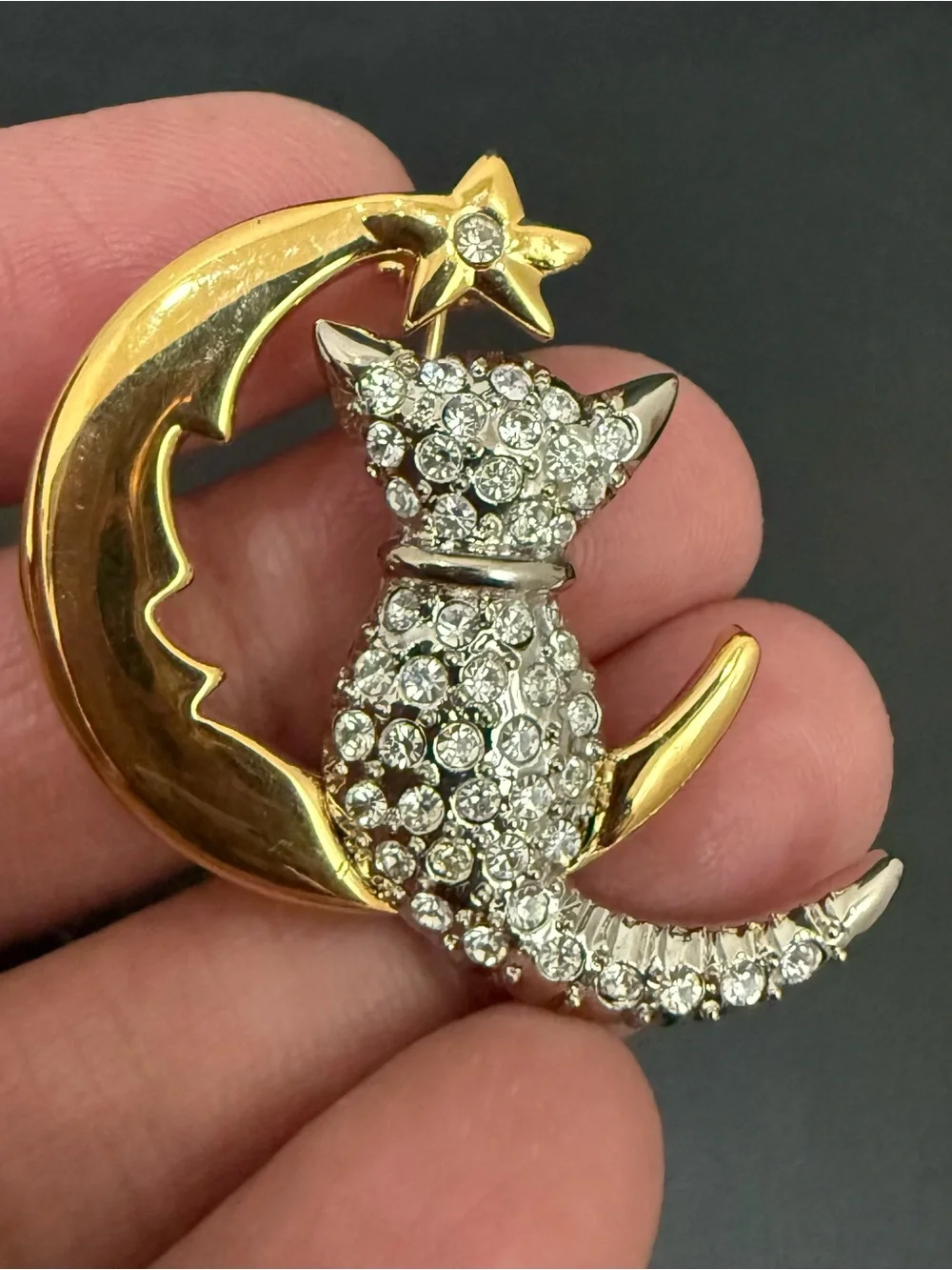 Vintage Unsigned Pave Crystal Cat Perched on Crescent Moon Brooch